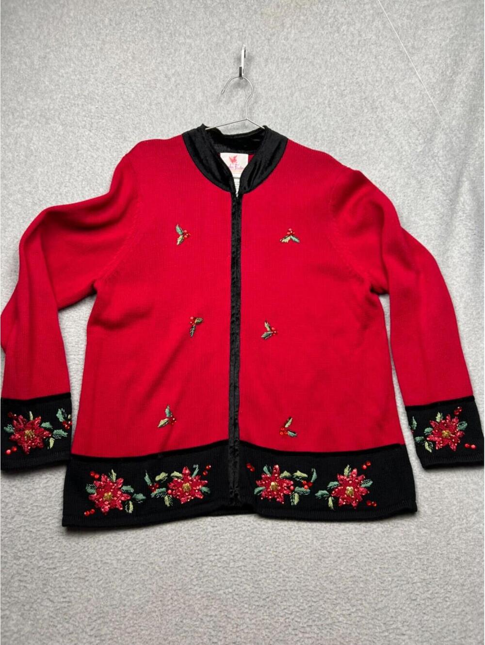 Quacker Factory Sweater Full Zip Cardigan Size XL Holiday Mistletoe Beaded Red